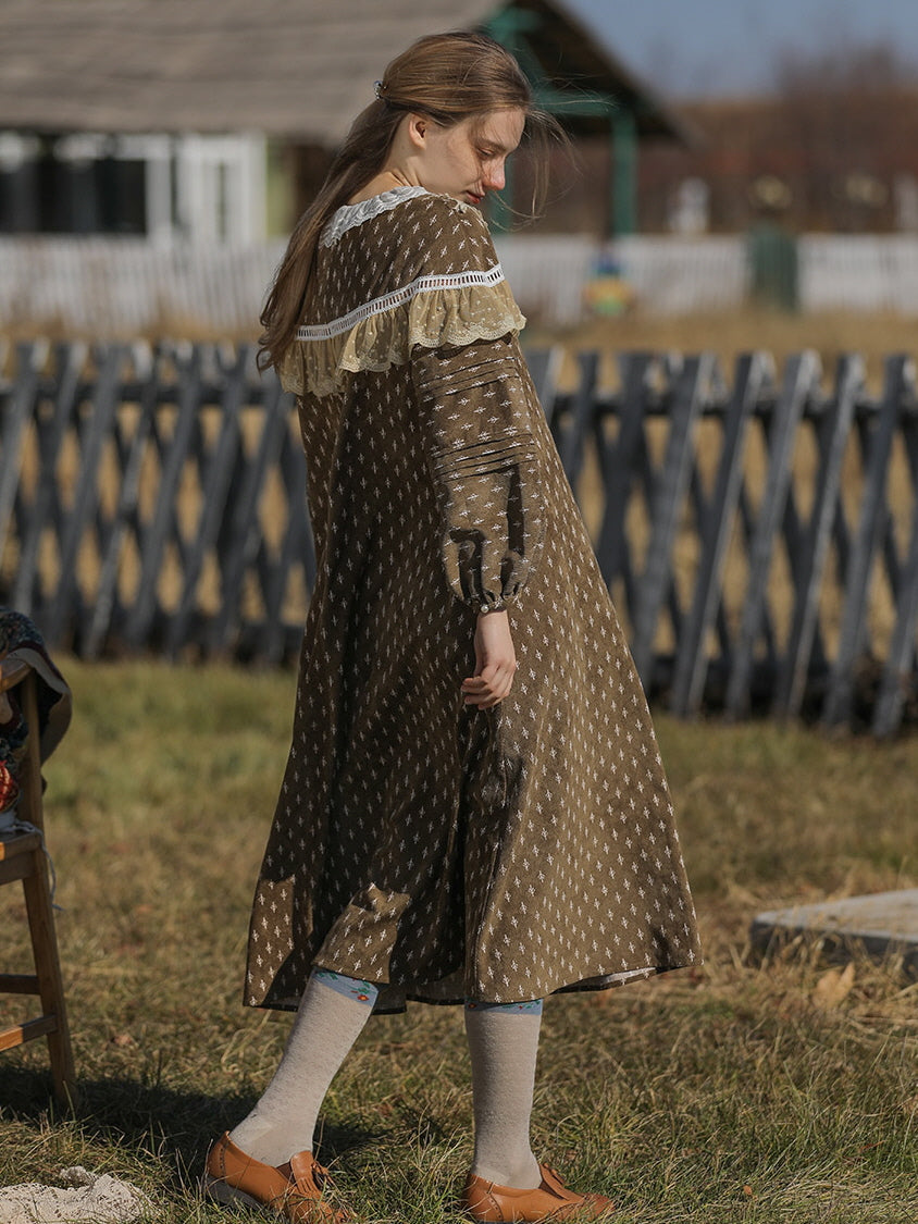 Vintage Floral Brown Corduroy Dress