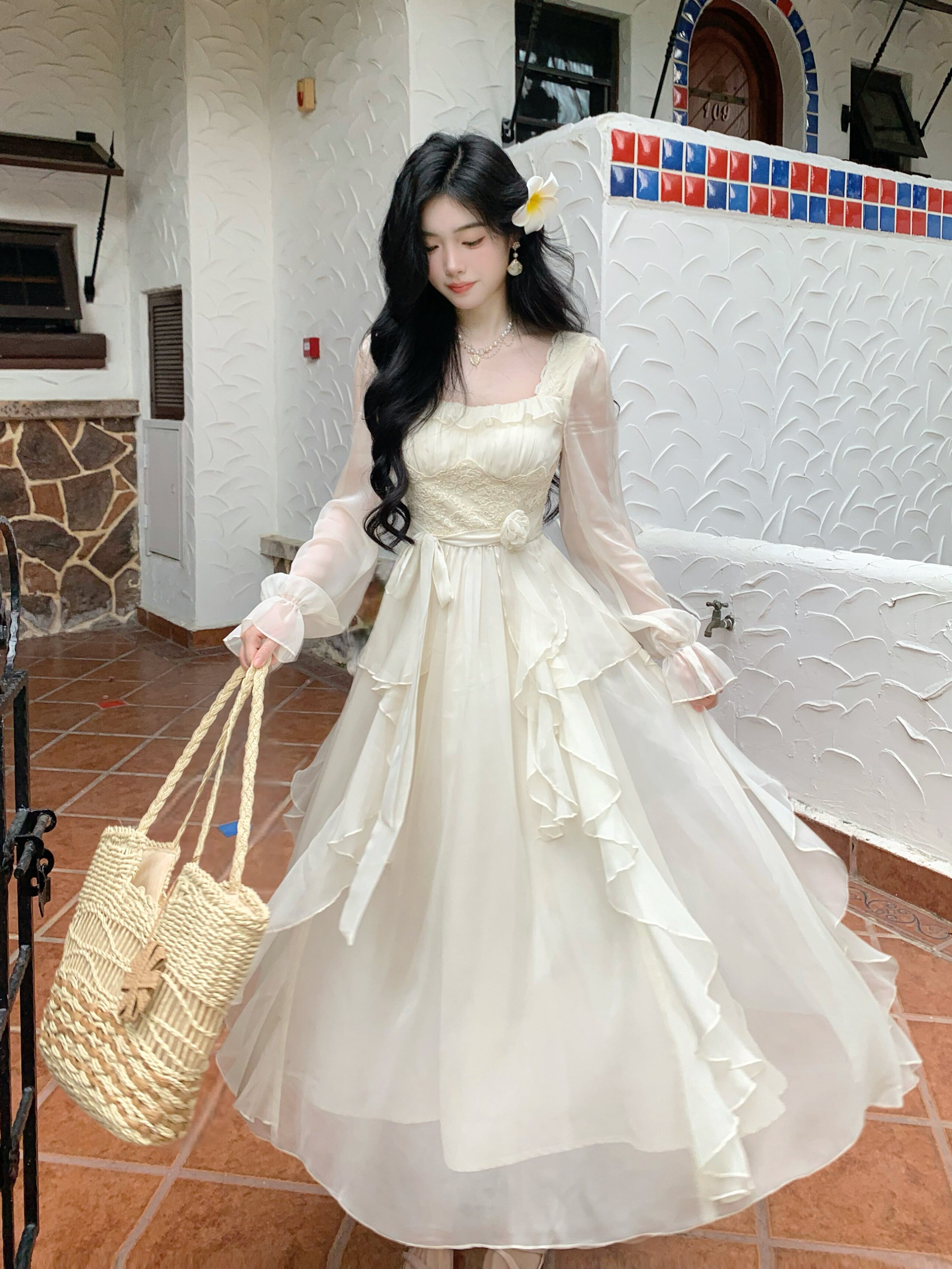 Vintage Ivory Chiffon Ruffle Dress