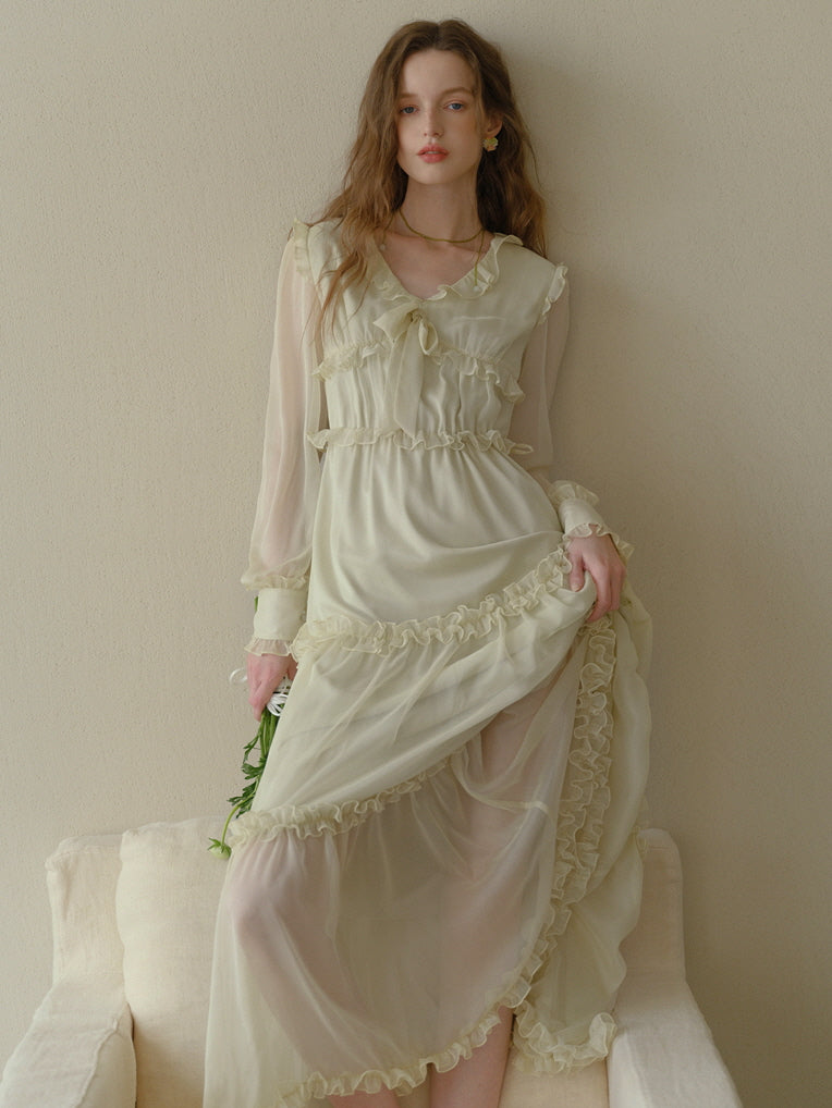 Pastel Yellow Tiered Chiffon Dress – Fairy Frill Summer Aesthetic Outfit Light Yellow / M