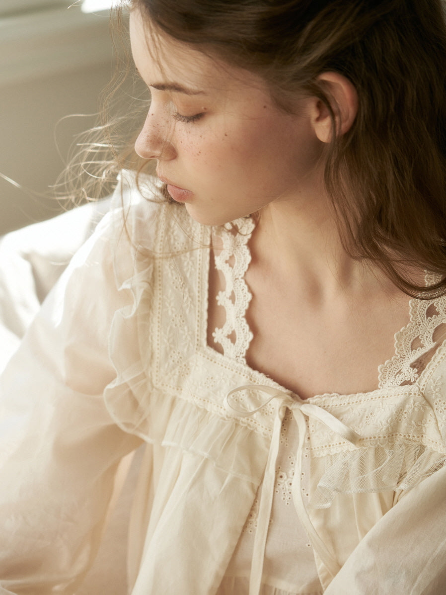 Lace Collar Cotton Lounge Gown