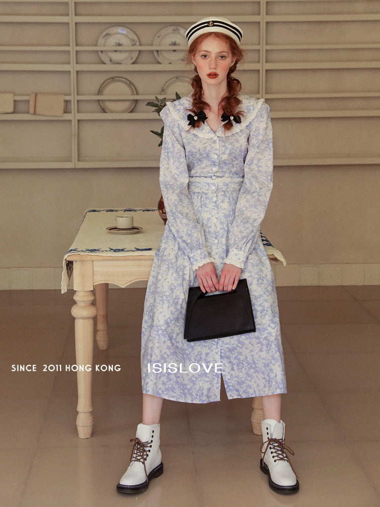 Vintage Blue Floral Lace Trim Blouse