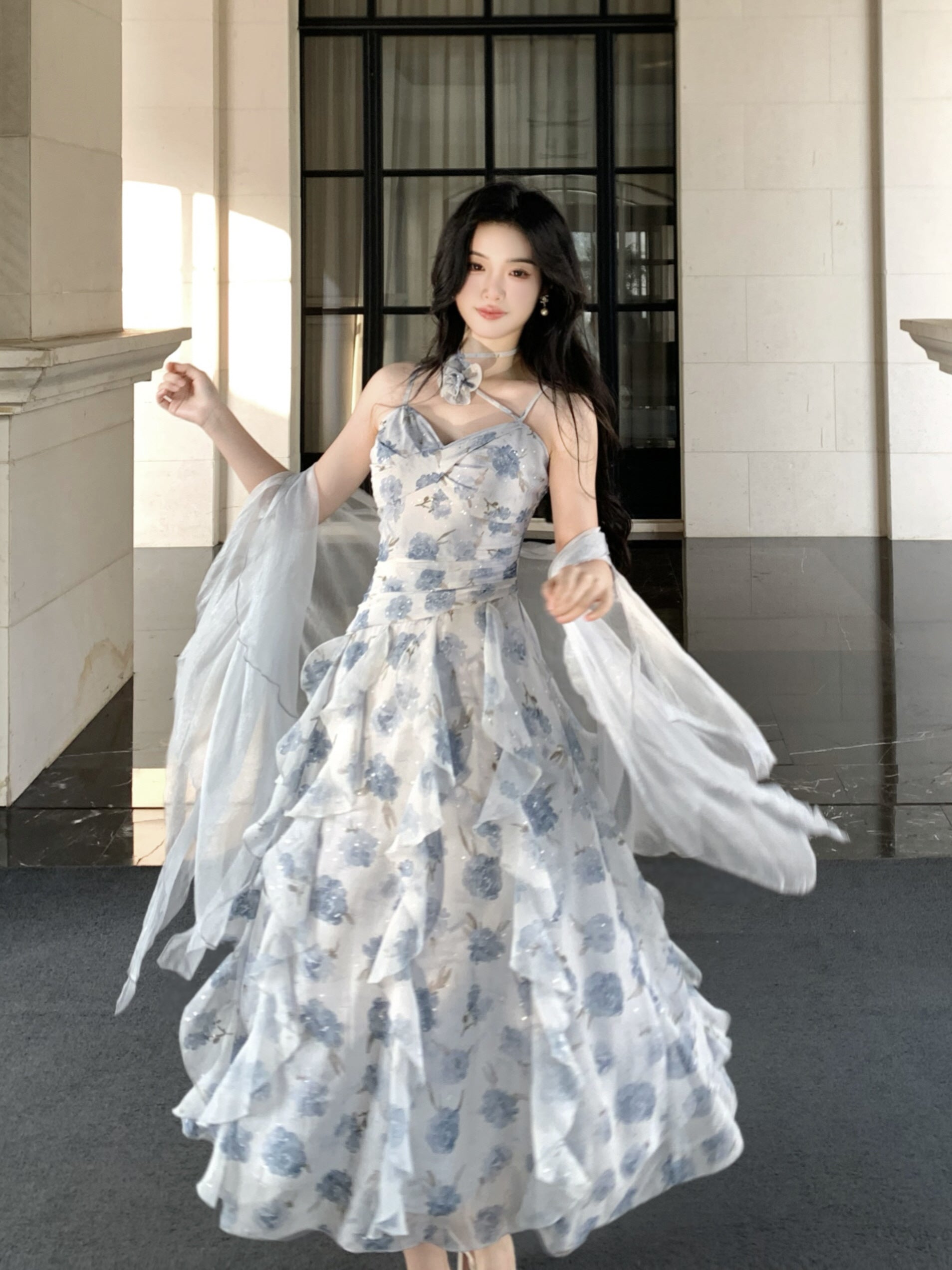 Whimsical Bloom Ruffle Chiffon Dress