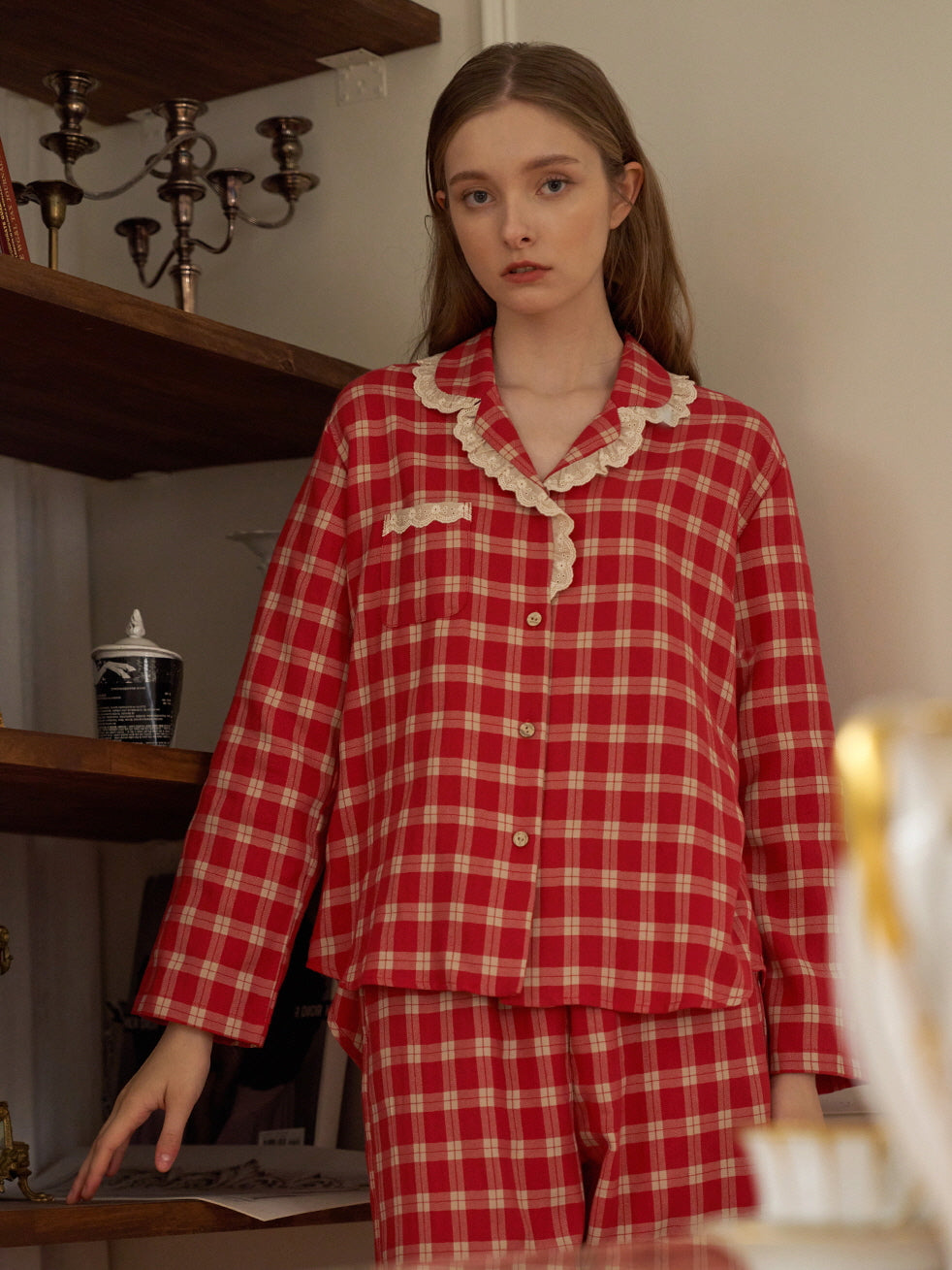 Cherrywood Check Lace Pajama Set