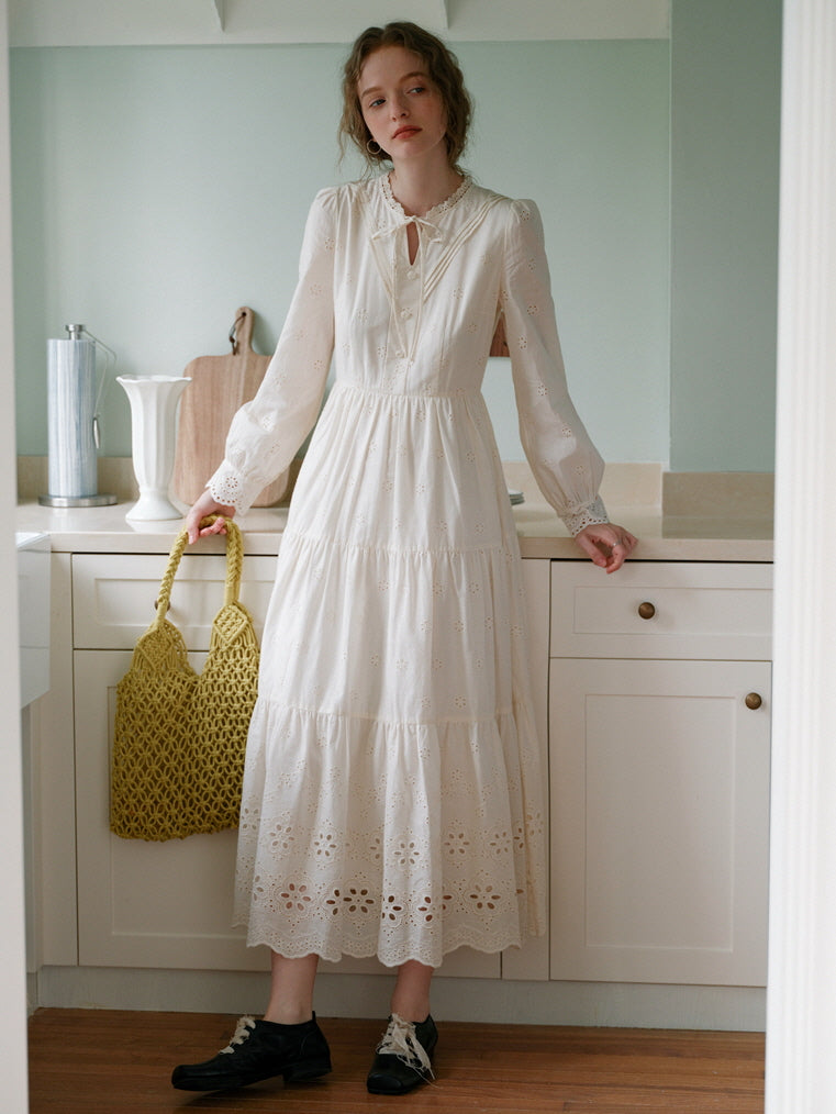 Cottagecore Lace Tiered Cotton Dress