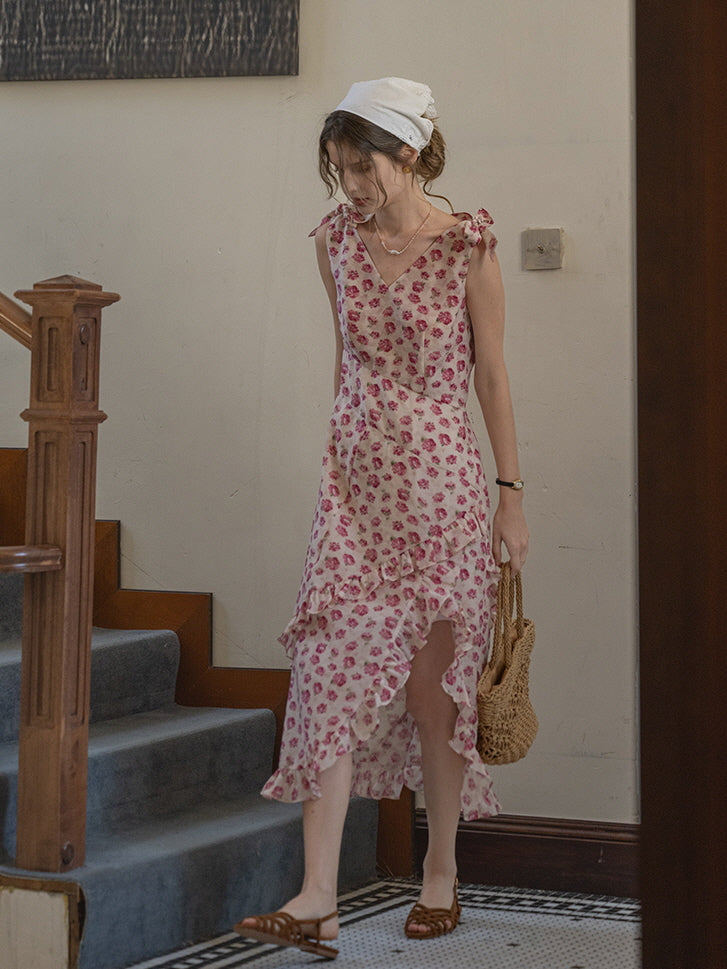 Romantic Rose Garden Ruffled Wrap Dress