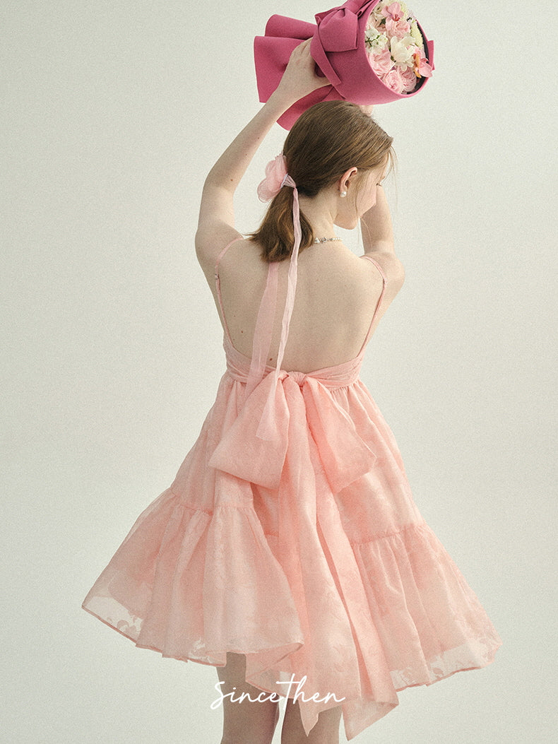 Blush Petal Ruffle Back Bow Dress