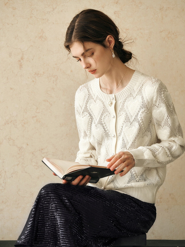 Heart Knit Pearl Button Cardigan