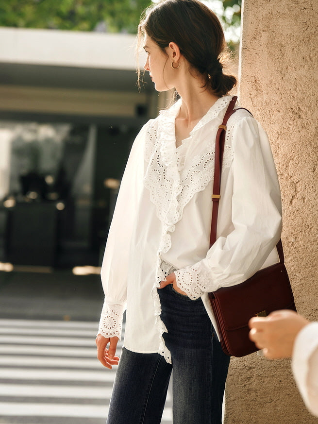 Vintage Eyelet Lace Ruffle Blouse