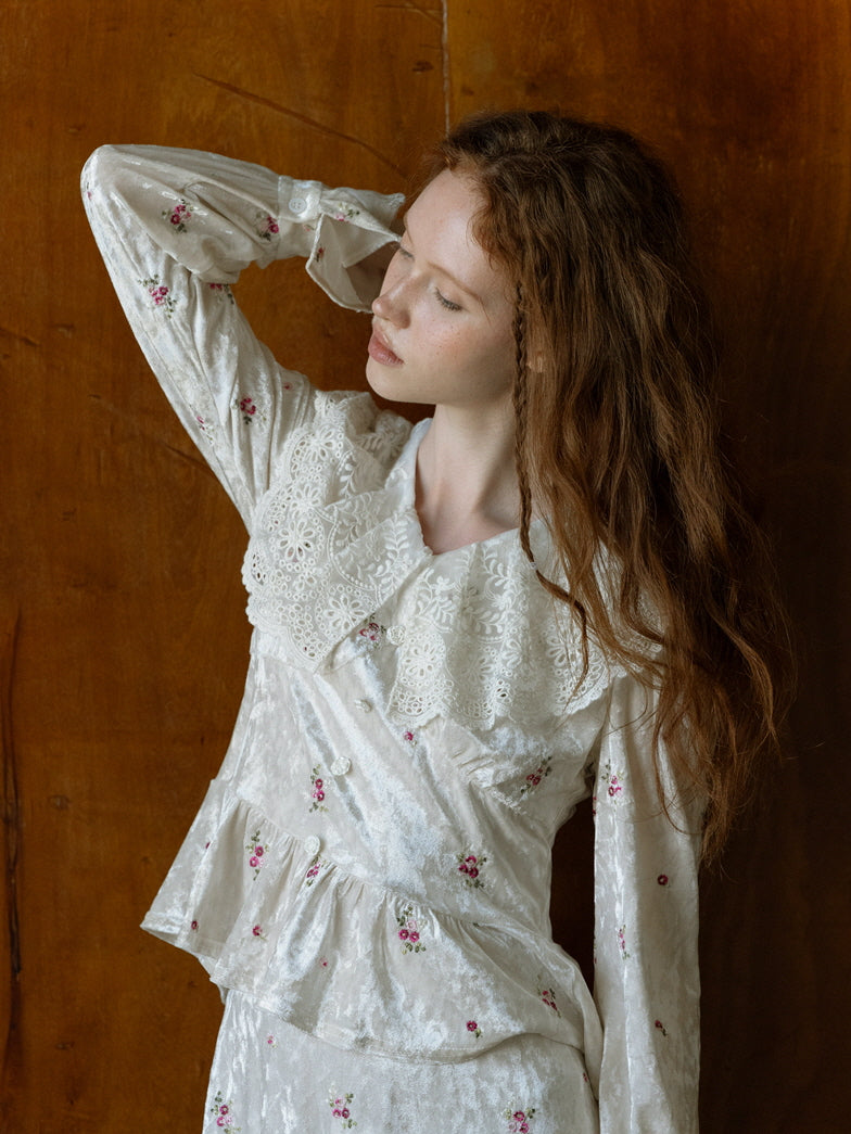 Vintage Floral Velvet Peplum Top