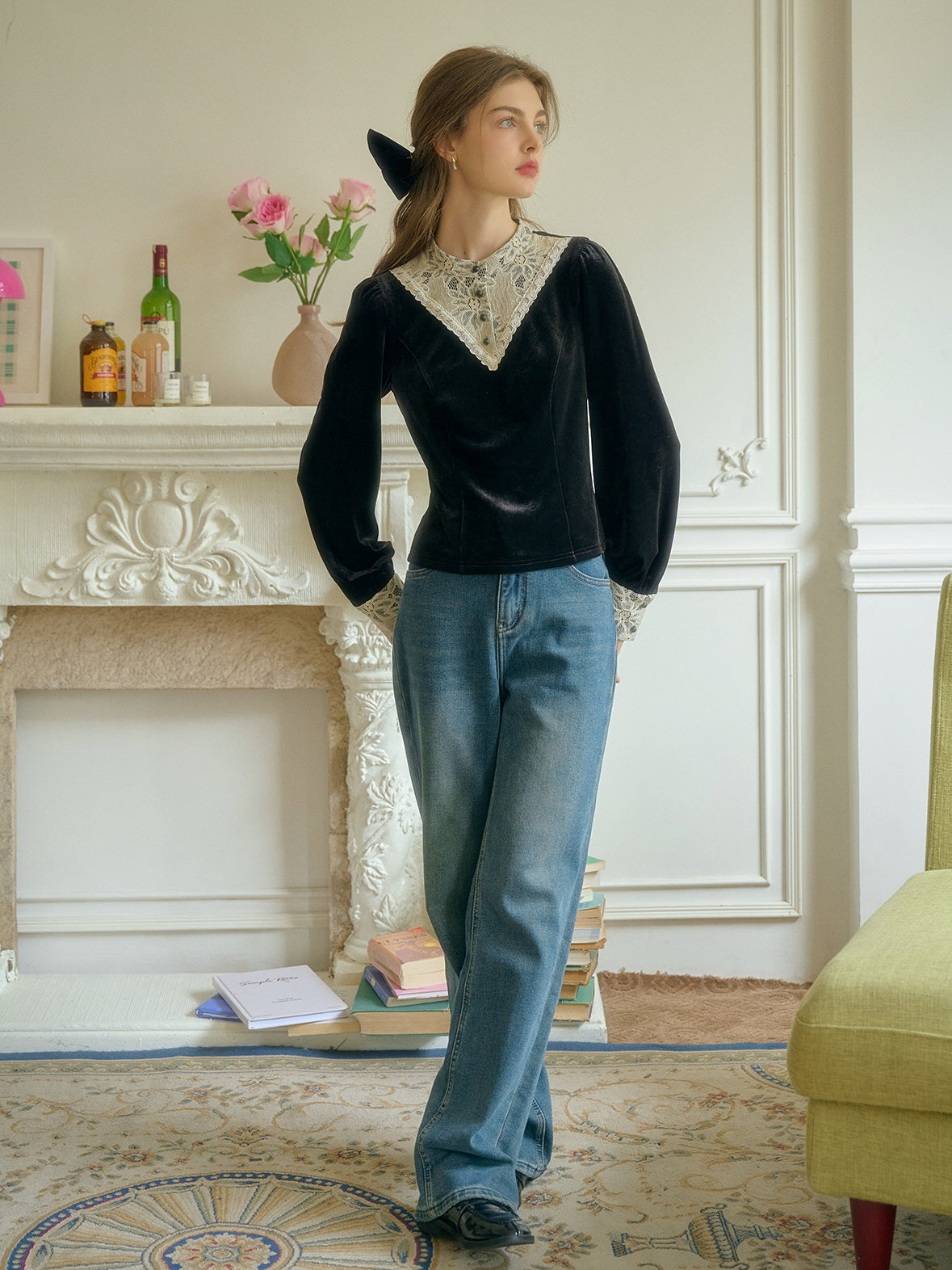 Victorian Lace Trim Black Velvet Blouse