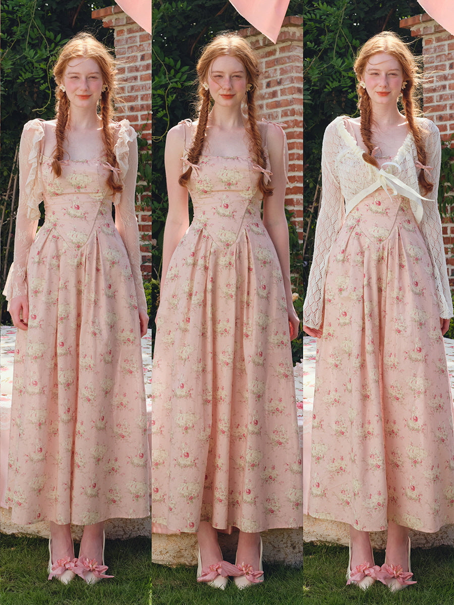 Pastoral Pink Vintage Floral Lace-Up Dress