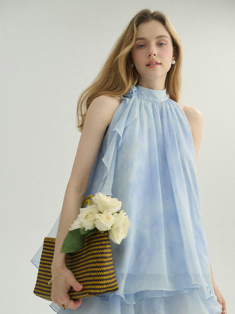 Ethereal Blue Ruffle Rose Halter Top