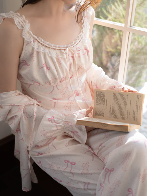 Cute Pink Ribbon Pajama Set – Poodle Print & Lace Trim – Coquette Aesthetic  Outfit