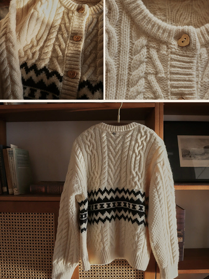 Geometric Pattern Vintage Cream Wool Cardigan
