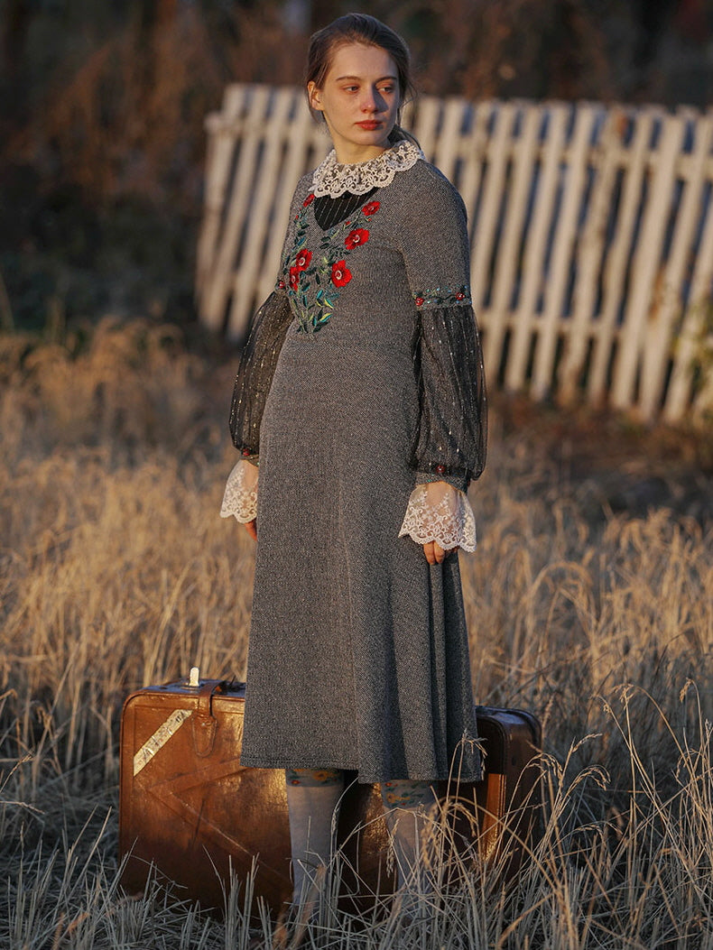 Embroidered Floral Lace Vintage Dress