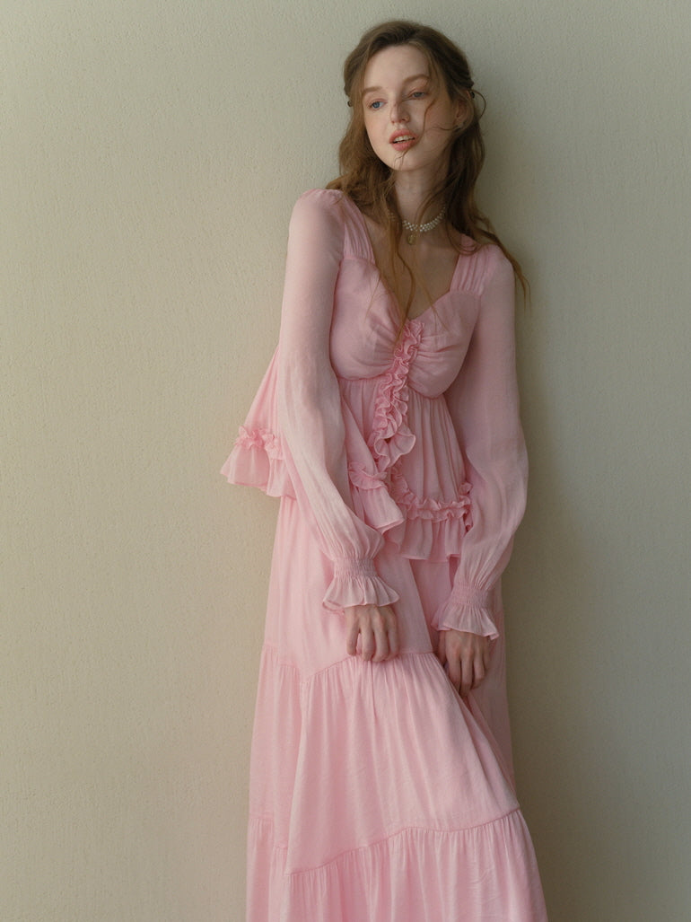 Rosy Frill Long Sleeve Top & Tiered Lace Skirt