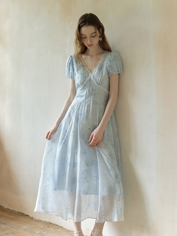 Pastel Blue Forest Print Dress – Fairycore Summer Aesthetic Outfit Light Blue / L