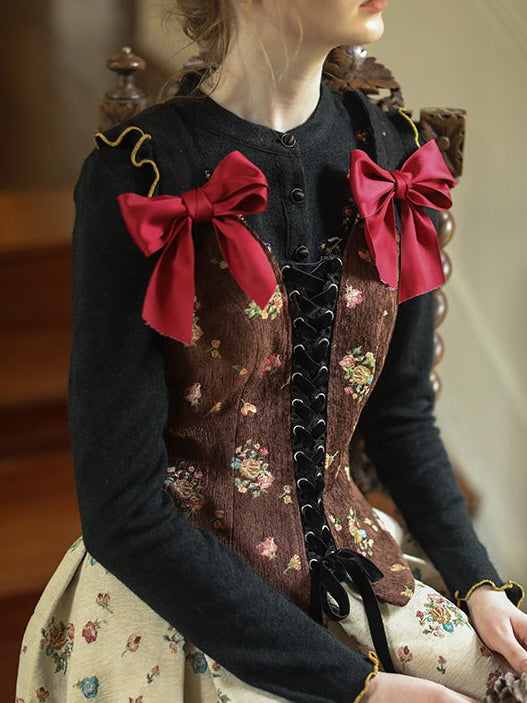 Floral Velvet Corset with Ribbon Accents