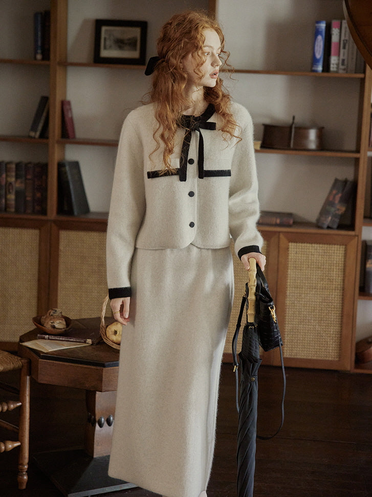 Elegant Wool Blend Ribbon Trim Knit Cardigan