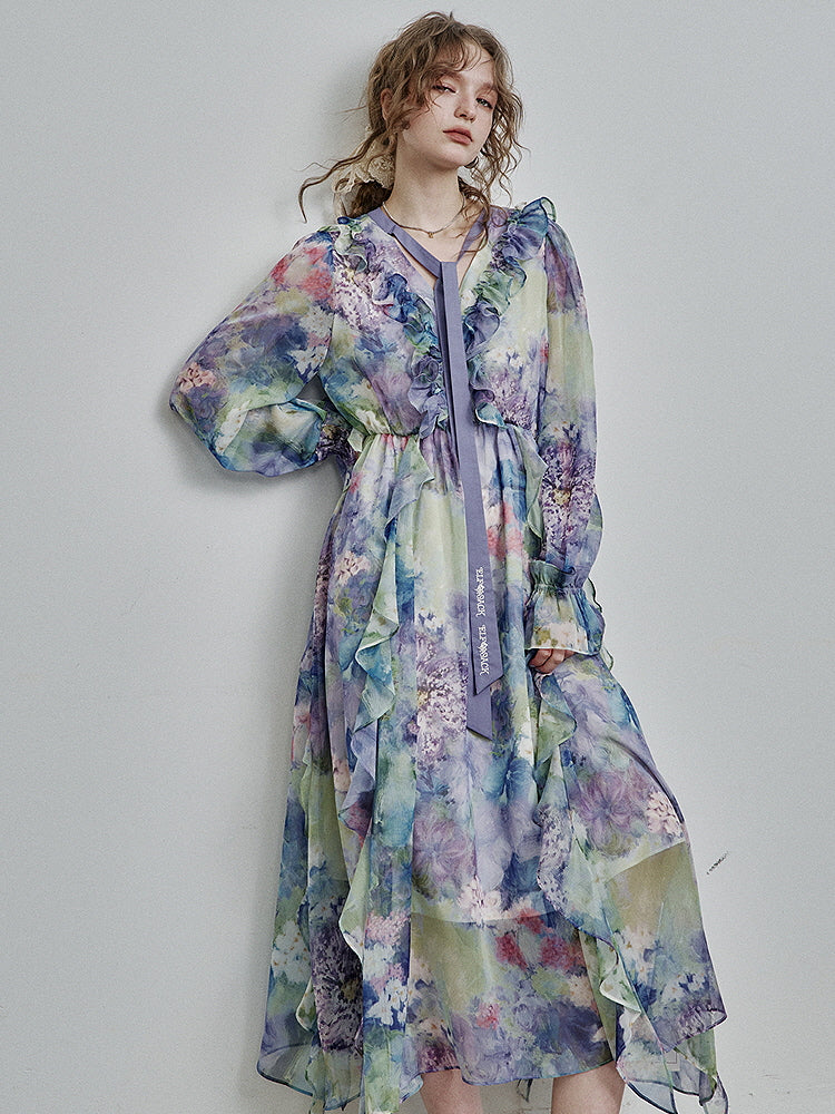 Ethereal Watercolor Ruffle Dress