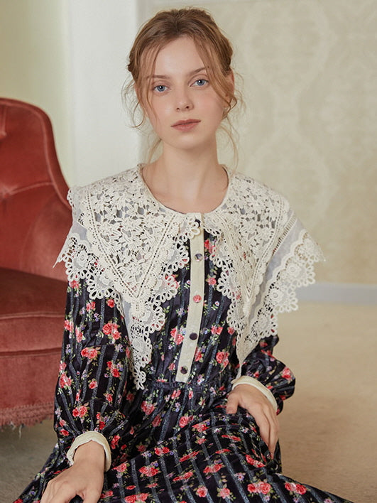 Velvet Rose Lace Collar Cottagecore Dress
