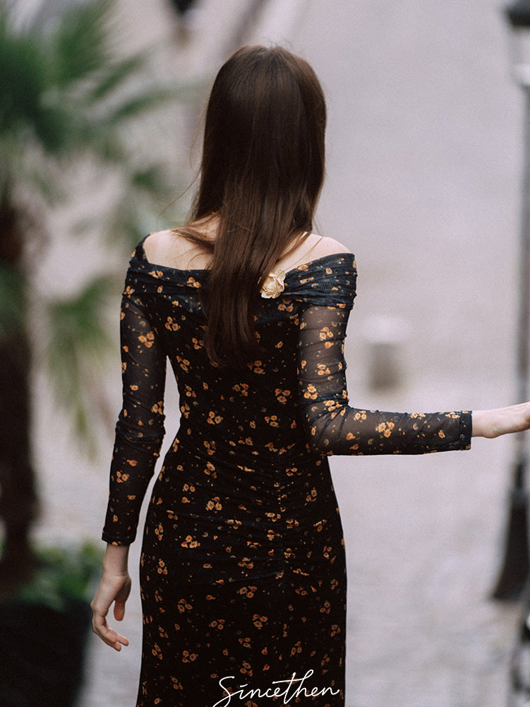 Midnight Blossom Off-Shoulder Mesh Dress