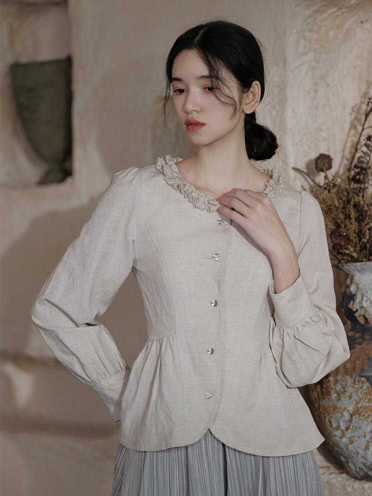 Ruffled Collar Linen Peplum Blouse