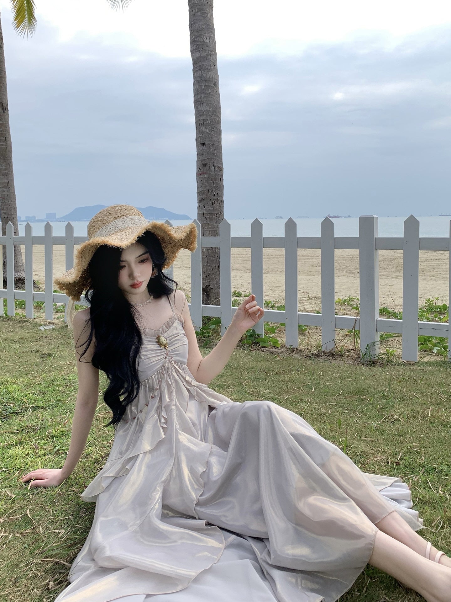 Vintage Brooch Elegance Ruffled Gown