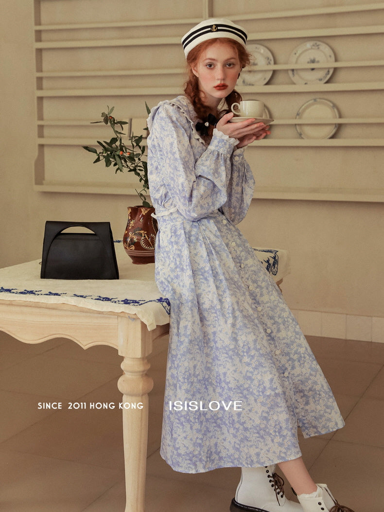 Vintage Blue Floral Lace Trim Blouse