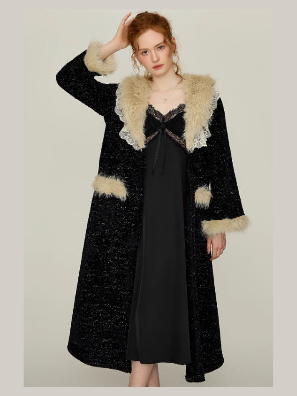 Midnight Lace Slip Nightgown & Faux Fur Trim Robe