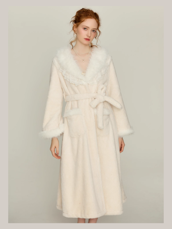 Snowy Lace Dream Slip Nightgown & Faux Fur Collar Robe