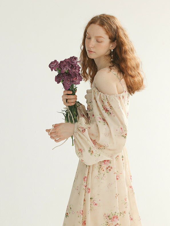 Vintage Rose Garden Off-Shoulder Dress