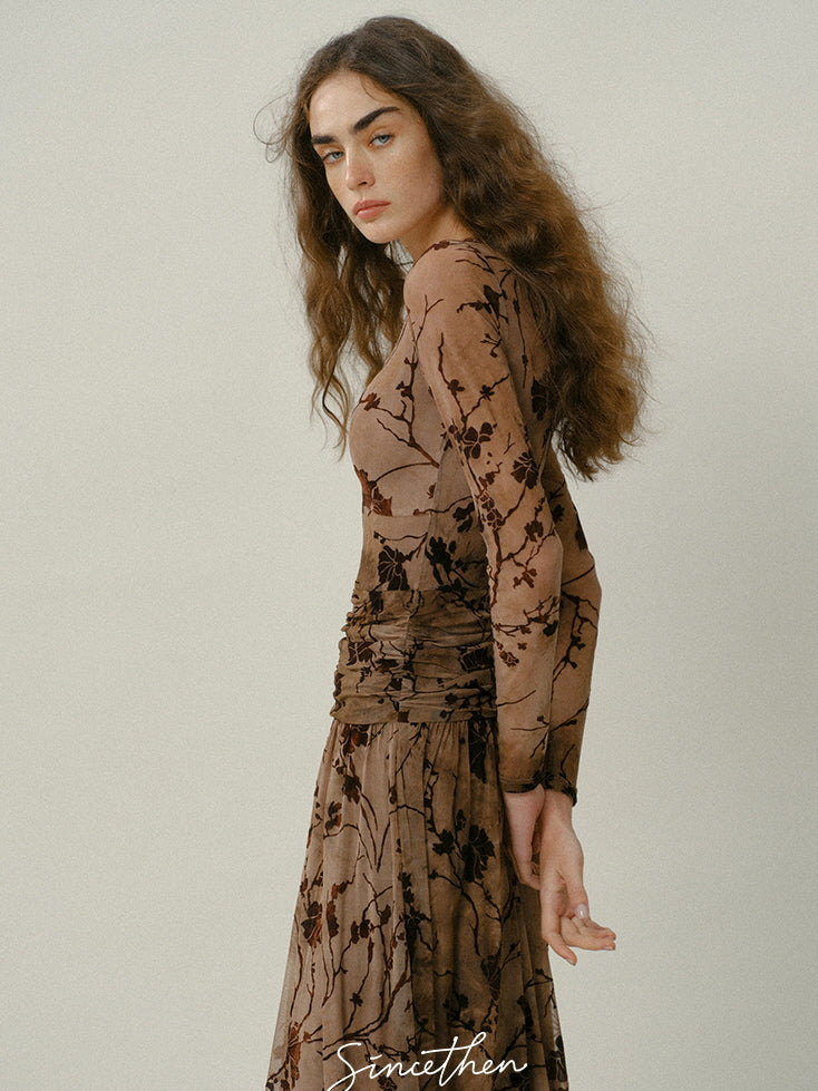 Brown Bloom Vintage Mesh Dress