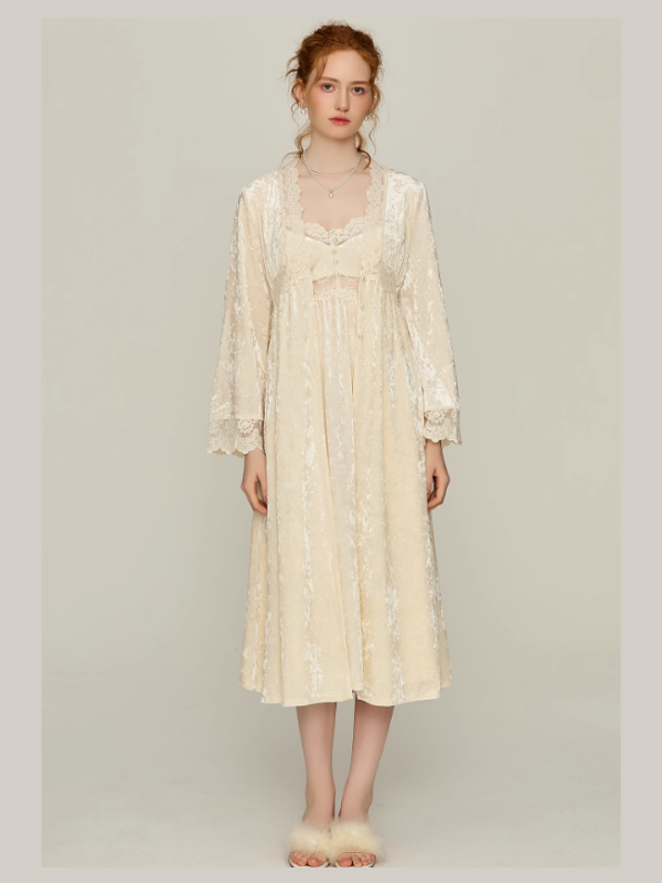 Model wearing an ivory velvet lace nightgown and robe set, long sleeves and scalloped lace trim, romantic princesscore loungewear from Romantic Fairytale.