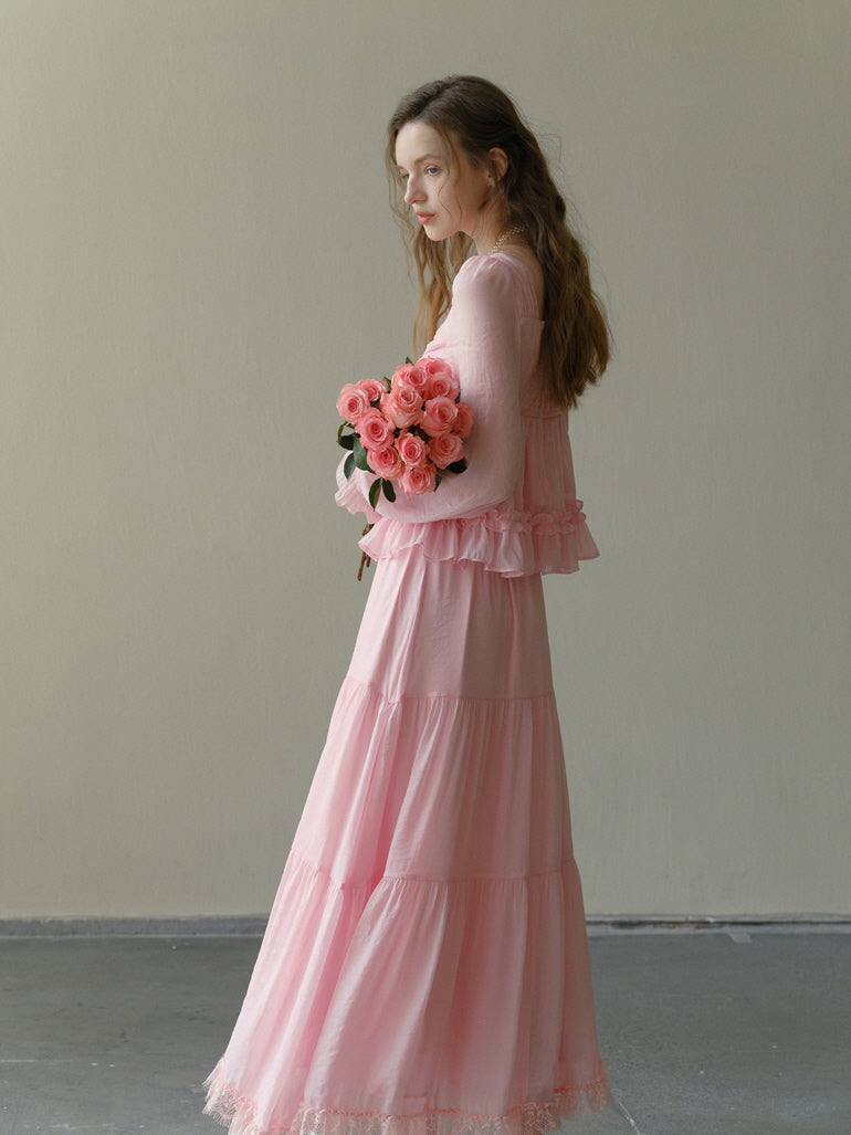 Rosy Frill Long Sleeve Top & Tiered Lace Skirt