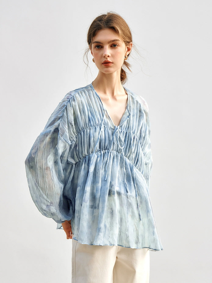 Cloudy Sky Sheer Pleated Blouse