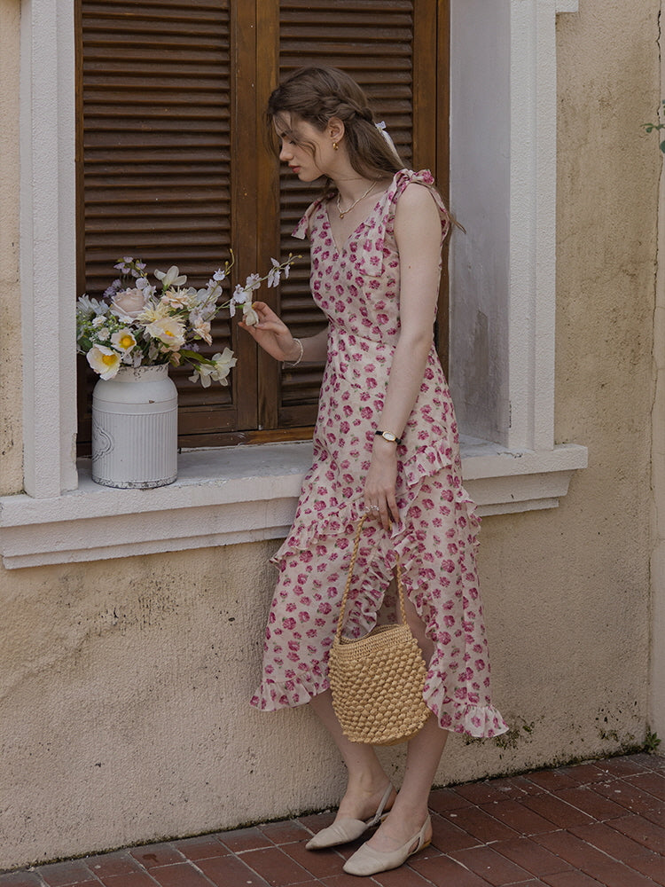 Romantic Rose Garden Ruffled Wrap Dress