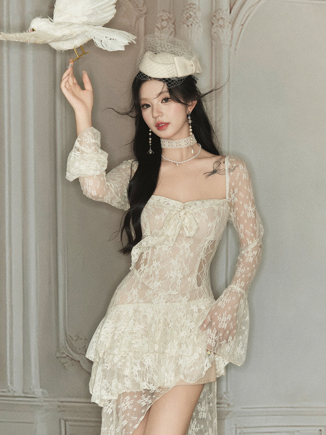 Floral White Lace Layered Dress – Flared Sleeves – Fairycore Aesthetic  Outfit