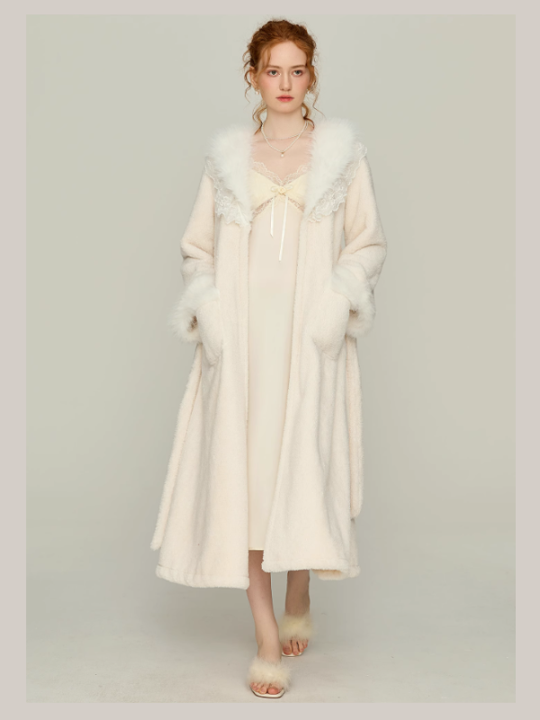 Model wearing an ivory lace trim slip nightgown with a long plush robe featuring faux fur collar, cuffs, and pockets, romantic princesscore loungewear look.