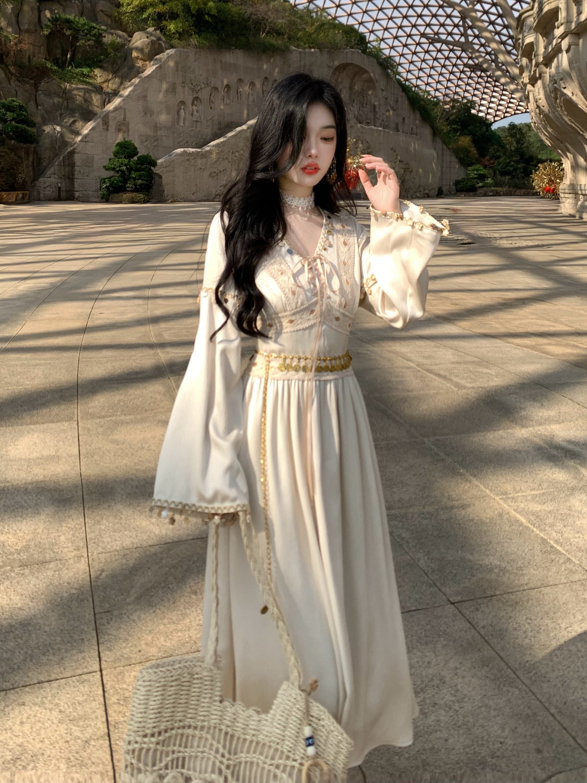 Golden Lace-Up Flare Sleeve Chiffon Dress Ethereal Boho Party Outfit Golden Lace-Up Flare Sleeve Chiffon Dress Ethereal Boho Party Outfit