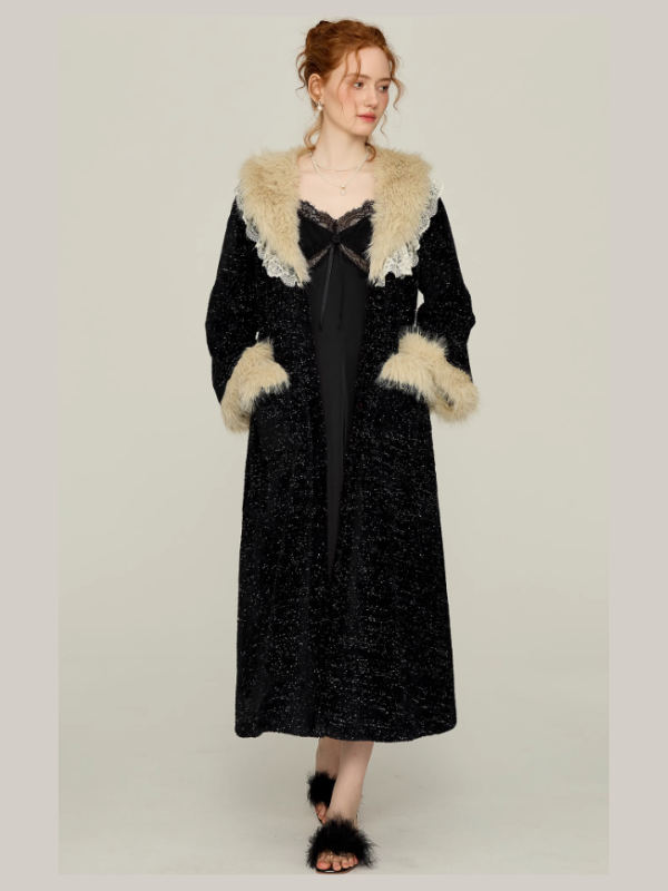 Midnight Lace Slip Nightgown & Faux Fur Trim Robe