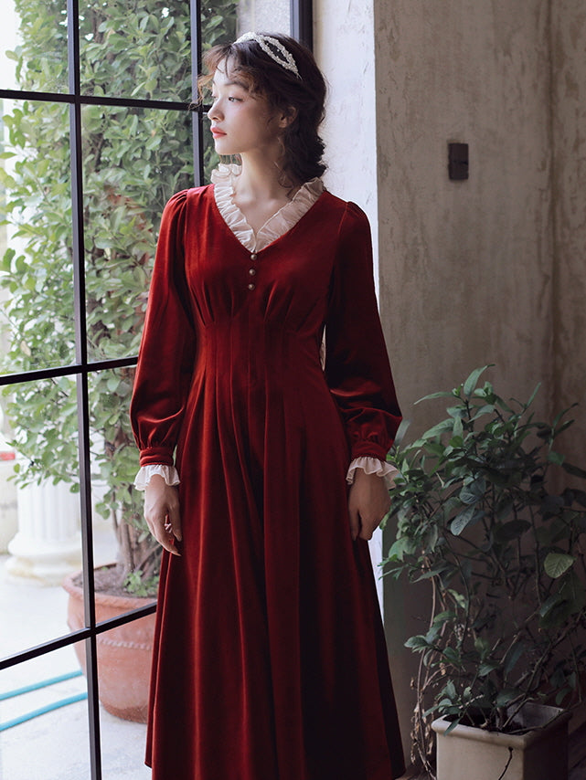 Scarlet Red Velvet Dream Dress - Vintage Aesthetic Outfit Red(Pre-Sale 10days) / L Scarlet Red Velvet Dream Dress - Vintage Aesthetic Outfit Red(Pre-Sale 10days) / L