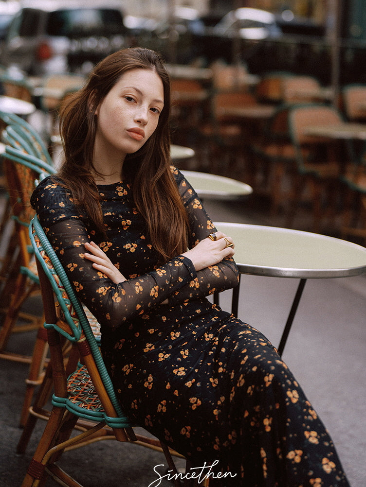 Midnight Blossom Off-Shoulder Mesh Dress