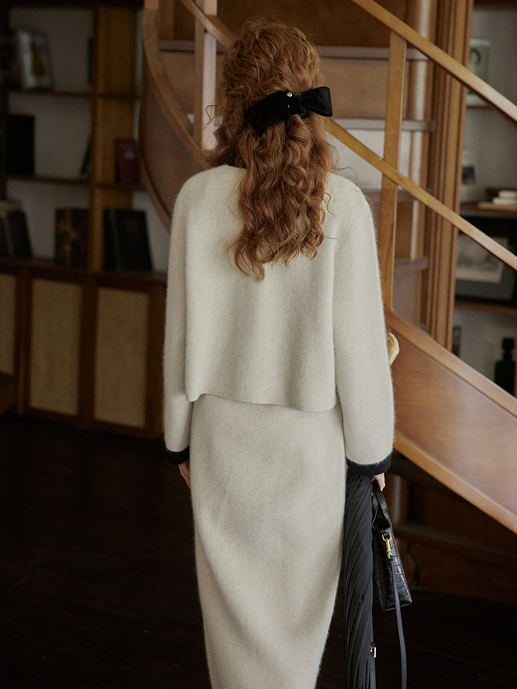Elegant Wool Blend Ribbon Trim Knit Cardigan