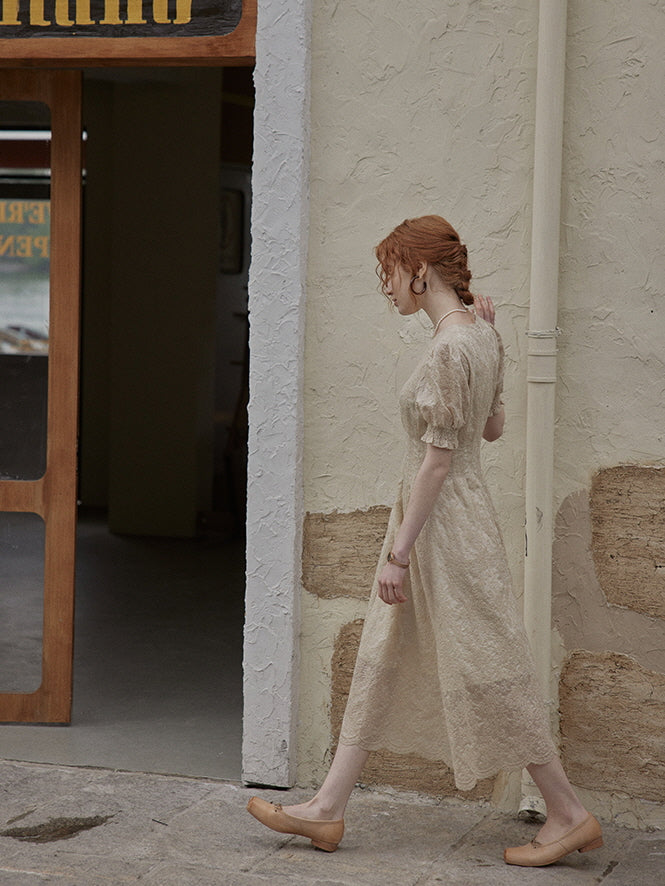 Vintage Lace Buttoned Puff Sleeve Dress