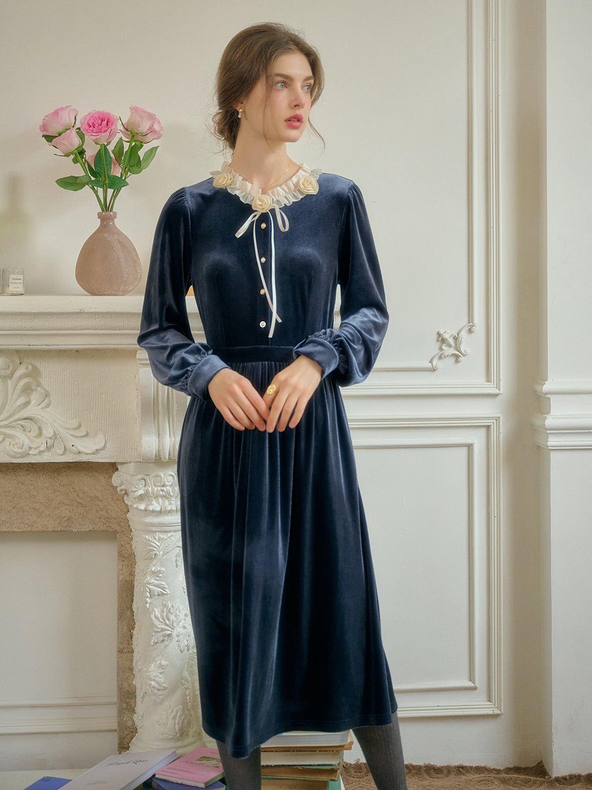 knee length dresses for ladies Royal Blue Velvet Long Sleeves Dress Royal Blue / US 10 main image 1