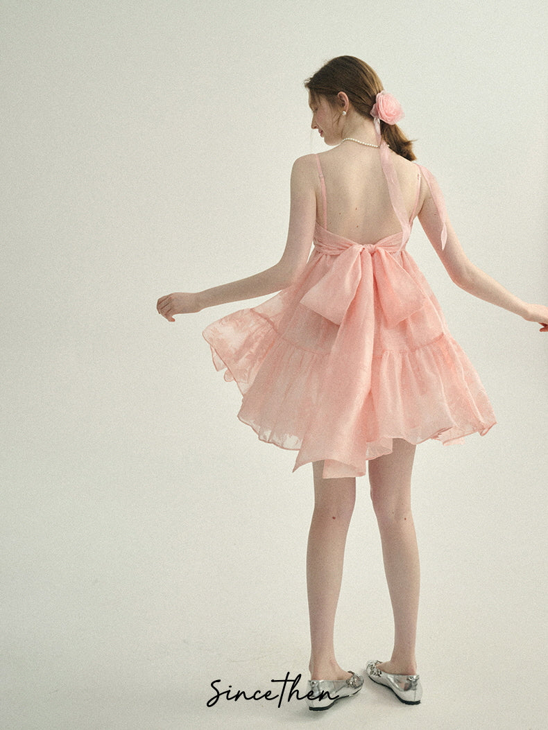Blush Petal Ruffle Back Bow Dress