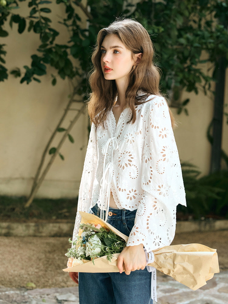 Floral Eyelet Lace Tie-Front Blouse