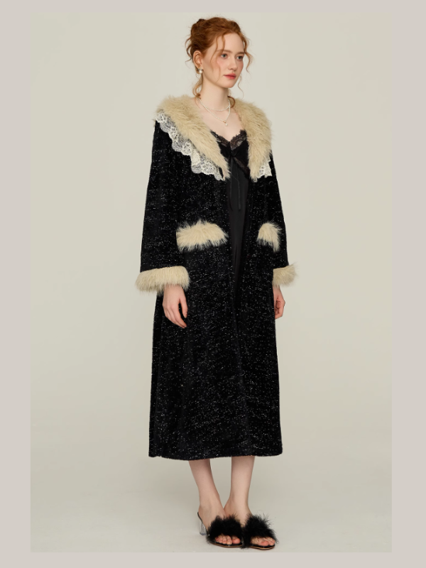 Midnight Lace Slip Nightgown & Faux Fur Trim Robe