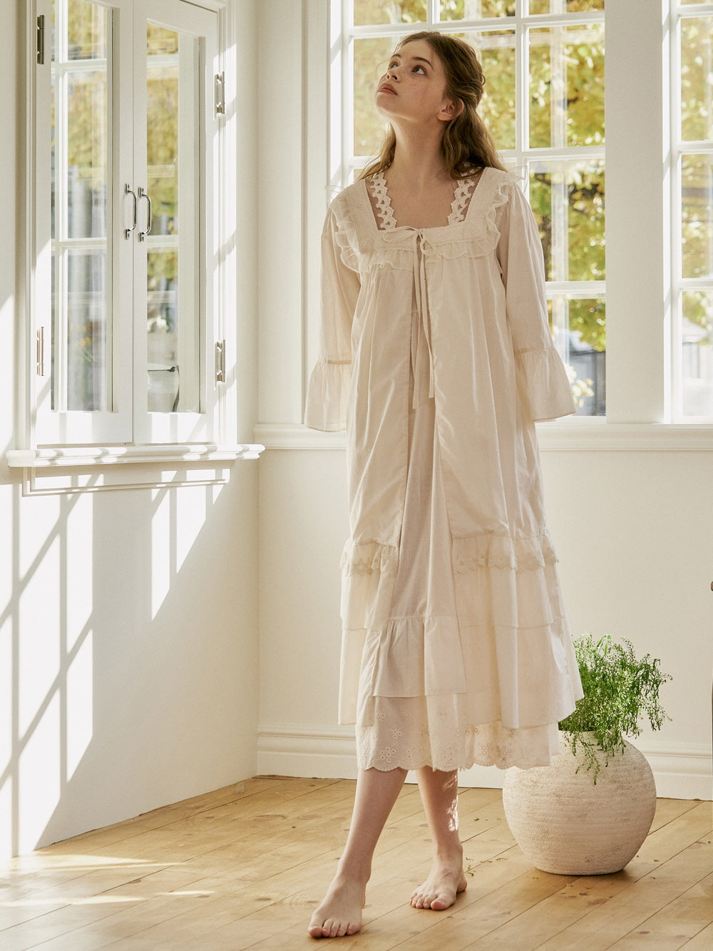 Lace Collar Cotton Lounge Gown Lace Collar Cotton Lounge Gown